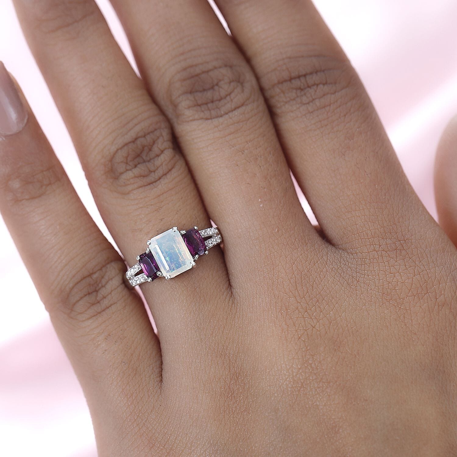 Ethiopian Welo Opal, Rhodolite Garnet & Natural Zircon Ring in Platinum Overlay Sterling Silver 1.84 Ct.