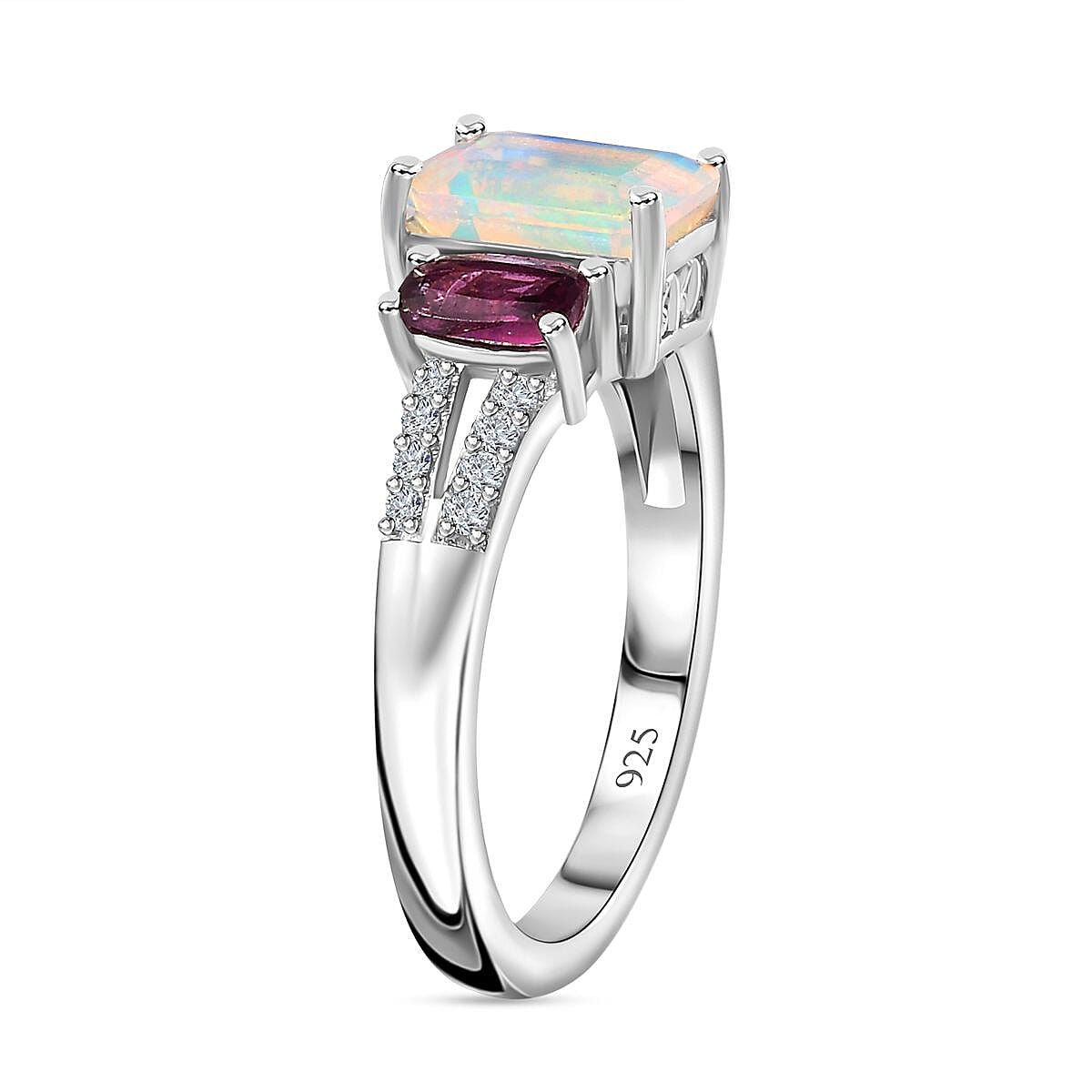Ethiopian Welo Opal, Rhodolite Garnet & Natural Zircon Ring in Platinum Overlay Sterling Silver 1.84 Ct.