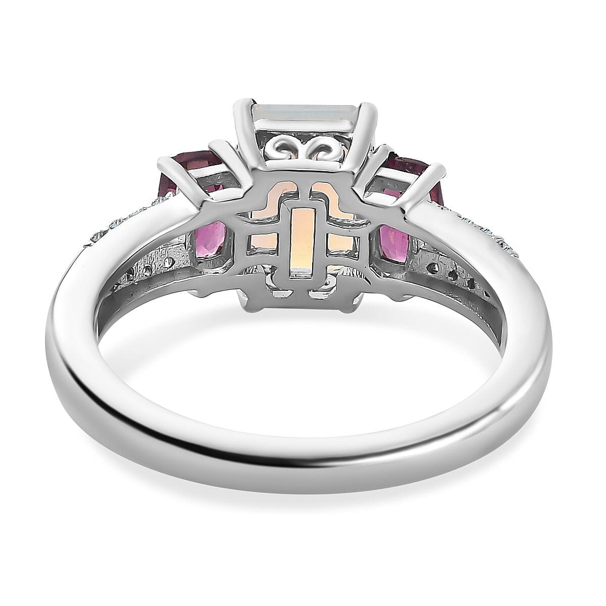 Ethiopian Welo Opal, Rhodolite Garnet & Natural Zircon Ring in Platinum Overlay Sterling Silver 1.84 Ct.