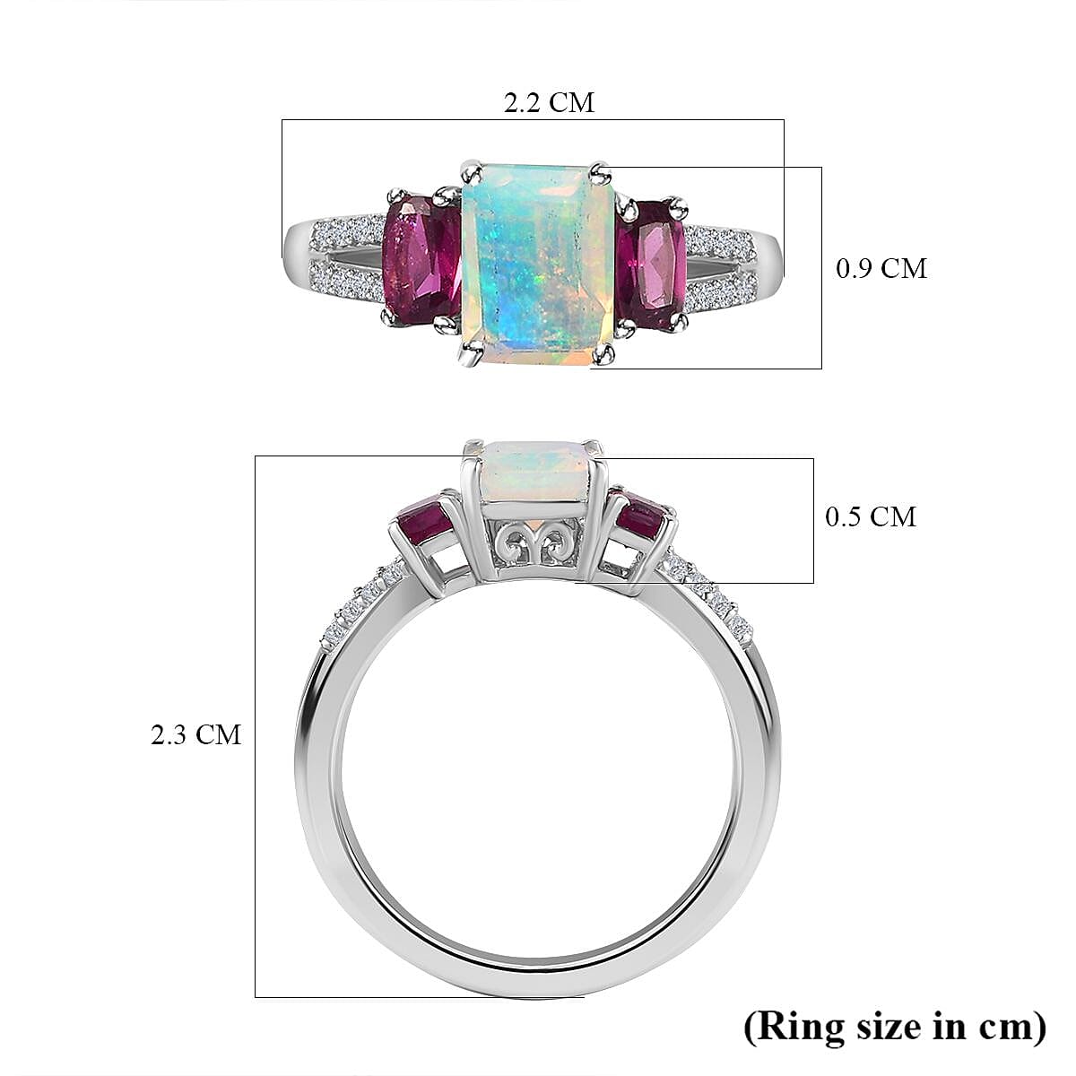 Ethiopian Welo Opal, Rhodolite Garnet & Natural Zircon Ring in Platinum Overlay Sterling Silver 1.84 Ct.