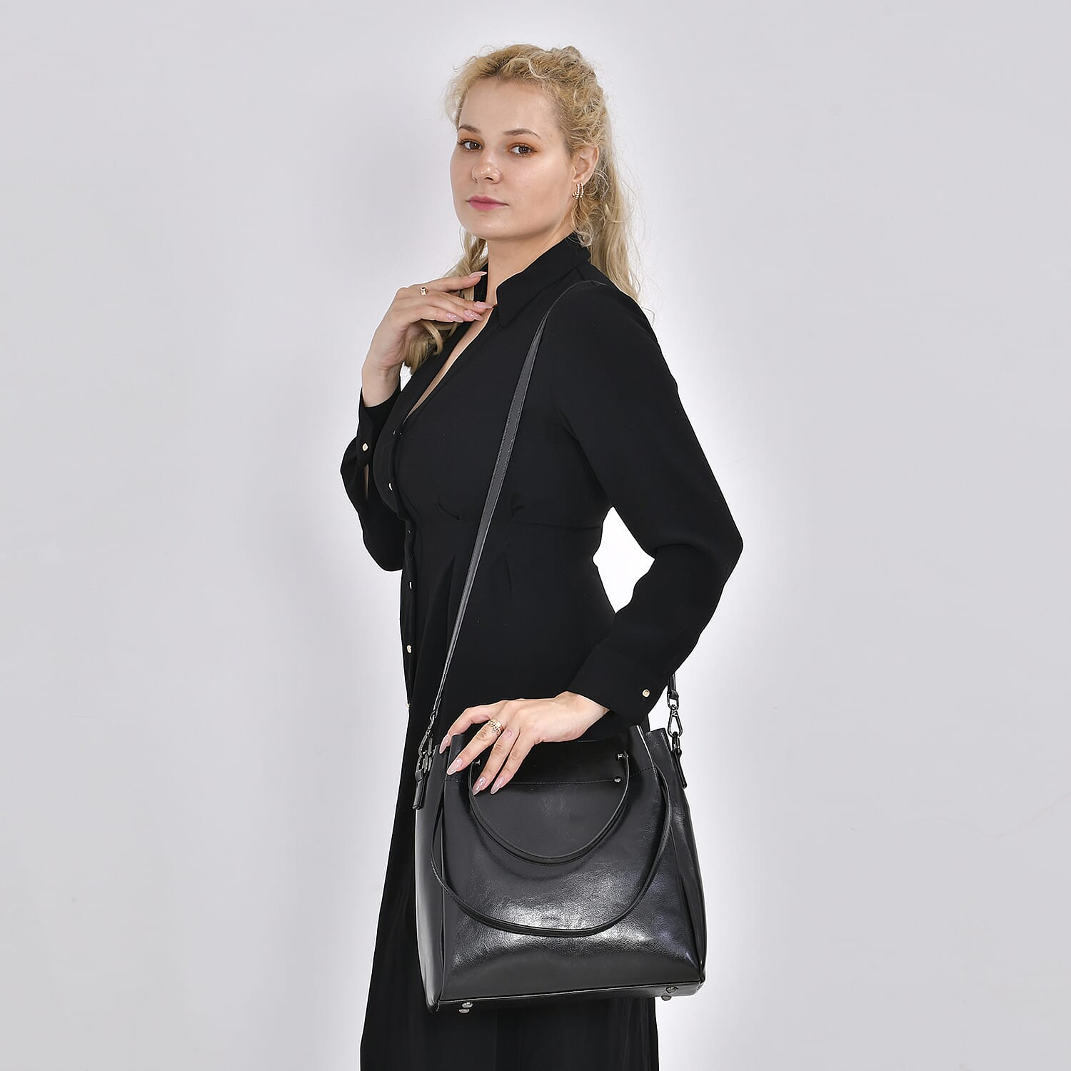 100% Genuine Leather Convertible Bag with Handle Drop & Deteachable Long Strap (120cm) - Black