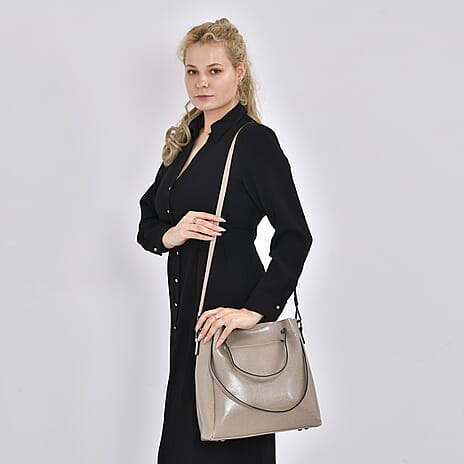 Genuine Leather Convertible Bag with Handle Drop and Detachable Long Strap 120cm - Khaki