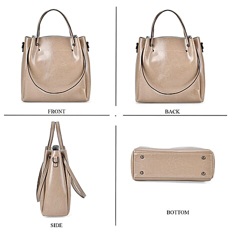 Genuine Leather Convertible Bag with Handle Drop and Detachable Long Strap 120cm - Khaki
