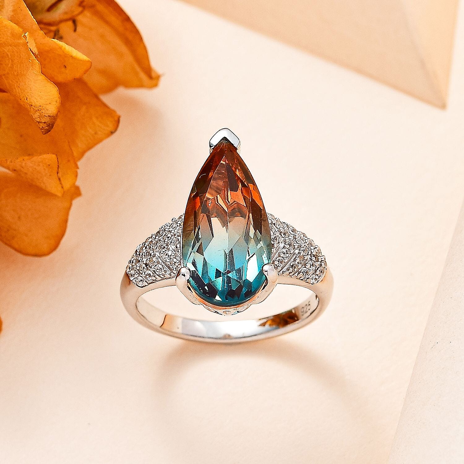Aqua Terra Costa Quartz & Natural Zircon Ring in Platinum Overlay Sterling Silver 4.76 Ct.