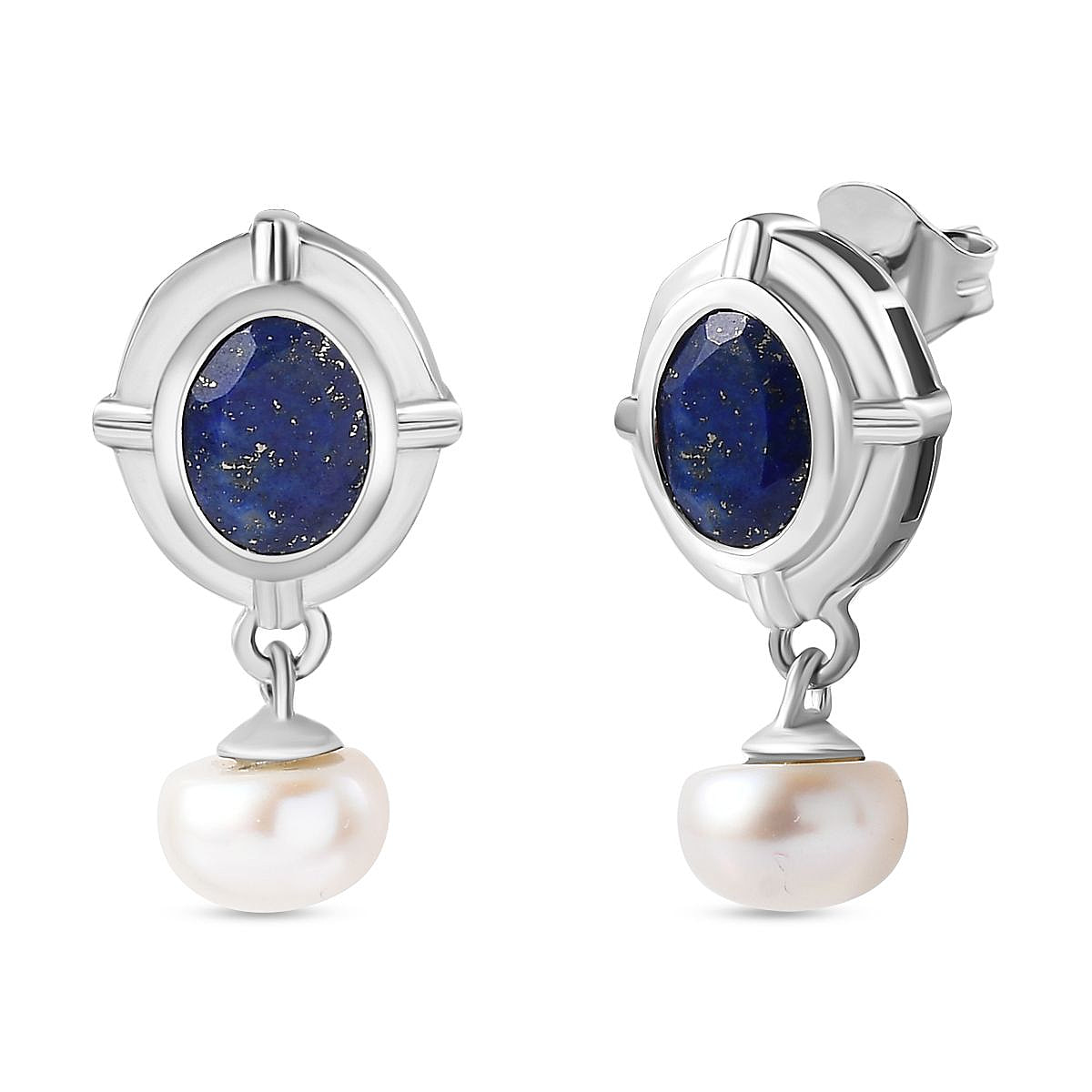 Lapis Lazuli & Fresh Water Pearl Dangle Earrings in Platinum Overlay Sterling Silver 8.05 Ct