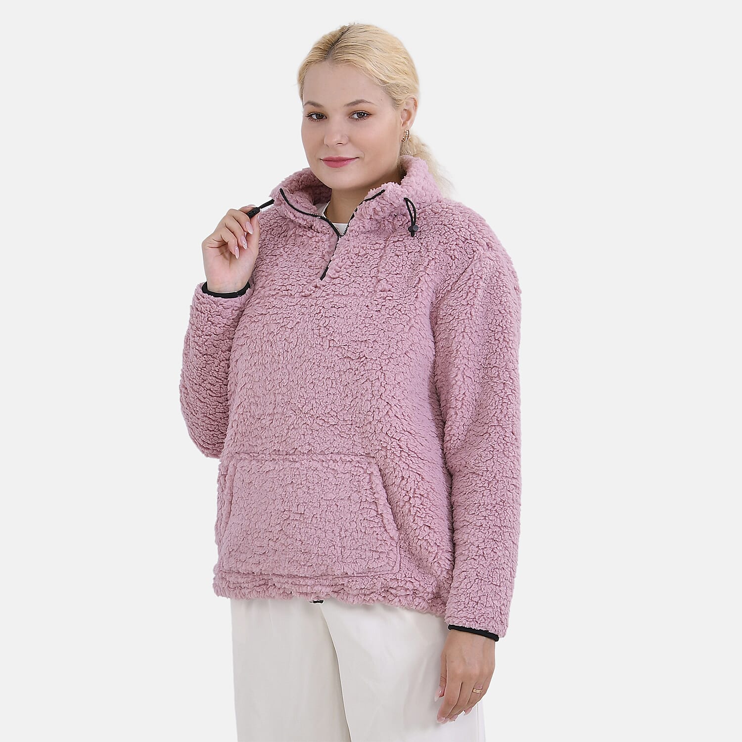 La Marey Half-Zip Sweatshirt with Kangaroo Pocket (Size S) - Pink