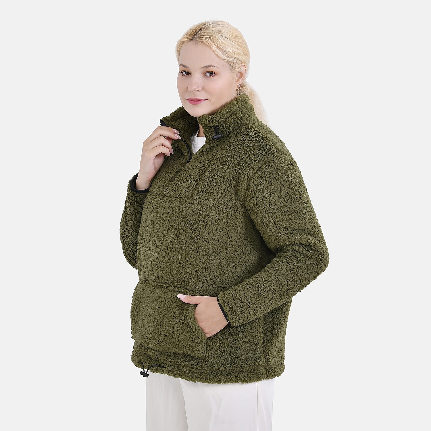 La Marey Fleece Patterned Half Zipped Sweat Shirt (Size 8 - 10 ) - Olive