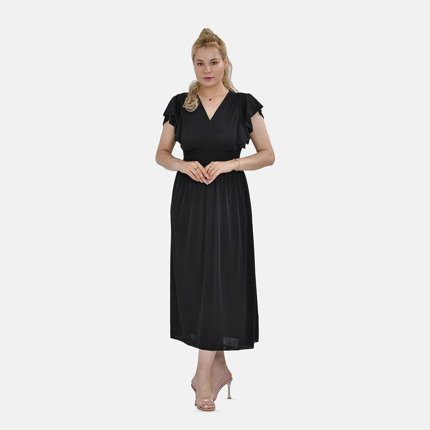 TAMSY Flutter Sleeves Smocked Midi Dress (One Size 8-18) - Black