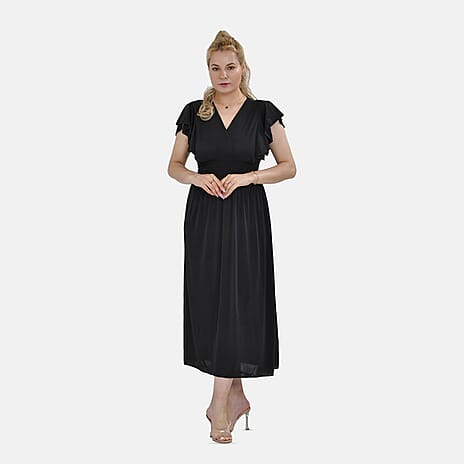 Tamsy Flutter Sleeves Smocked Midi Dress (Curve Size 20-26) - Black