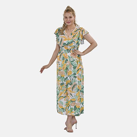 Tamsy Flutter Sleeves Smocked Midi Dress (One Size 8-18) - Yellow & Green