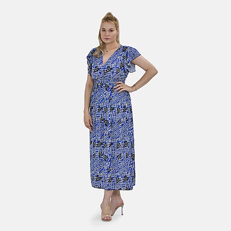 TAMSY Flutter Sleeves Smocked Midi Dress (One Size 8-18) - Blue