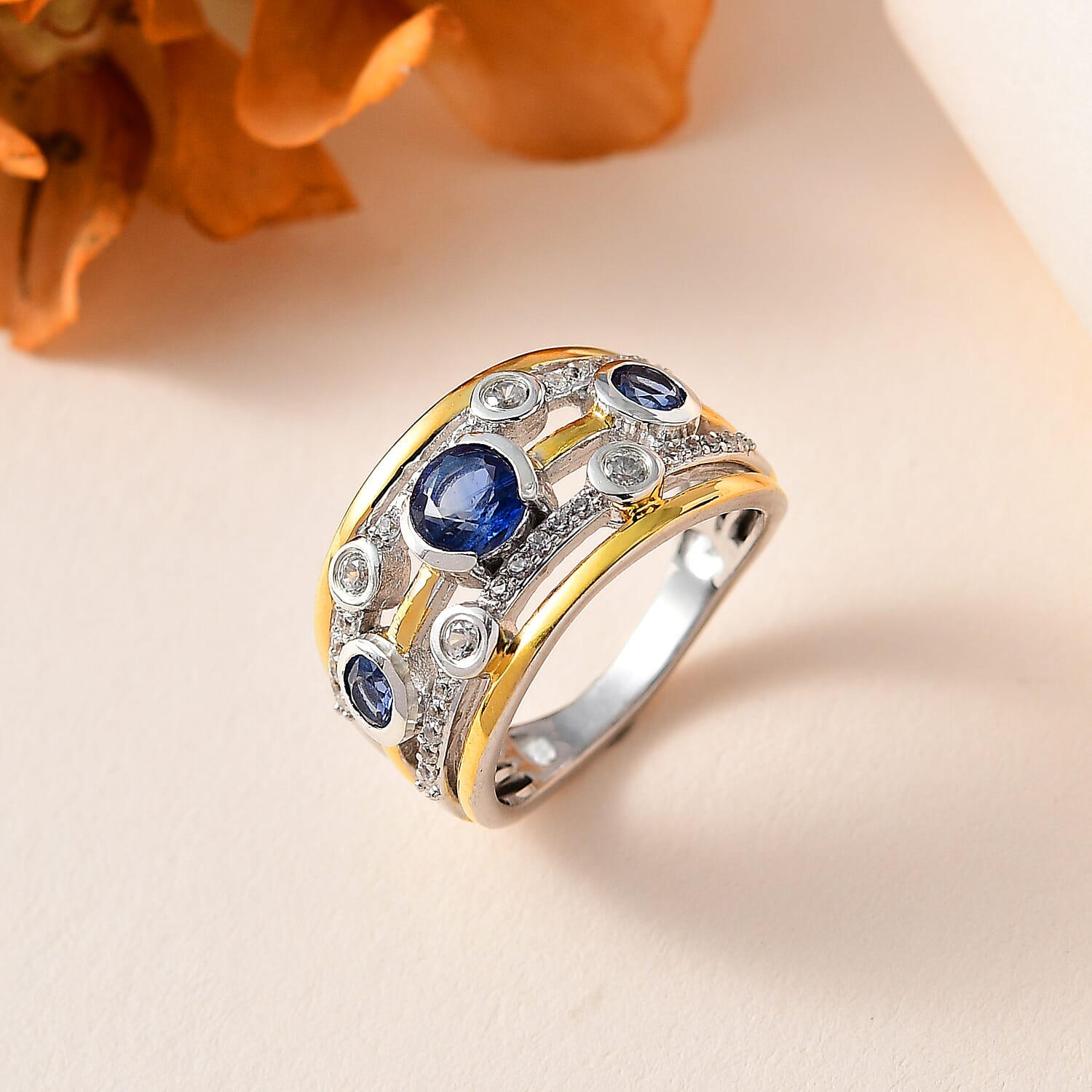 Natural Himalayan Kyanite & Natural Zircon Bubble Ring in Platinum & 18K Vermeil YG Plated Sterling Silver 1.70 Ct, Silver Wt 5.15 GM