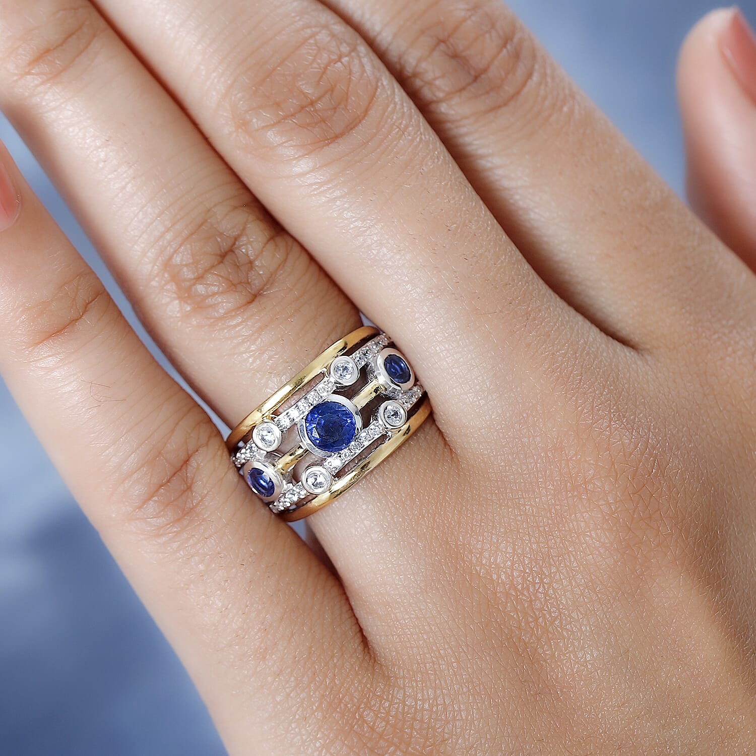 Natural Himalayan Kyanite & Natural Zircon Bubble Ring in Platinum & 18K Vermeil YG Plated Sterling Silver 1.70 Ct, Silver Wt 5.15 GM