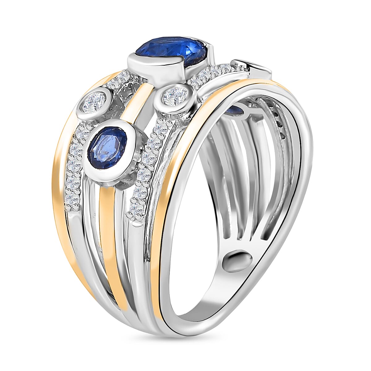 Natural Himalayan Kyanite & Natural Zircon Bubble Ring in Platinum & 18K Vermeil YG Plated Sterling Silver 1.70 Ct, Silver Wt 5.15 GM