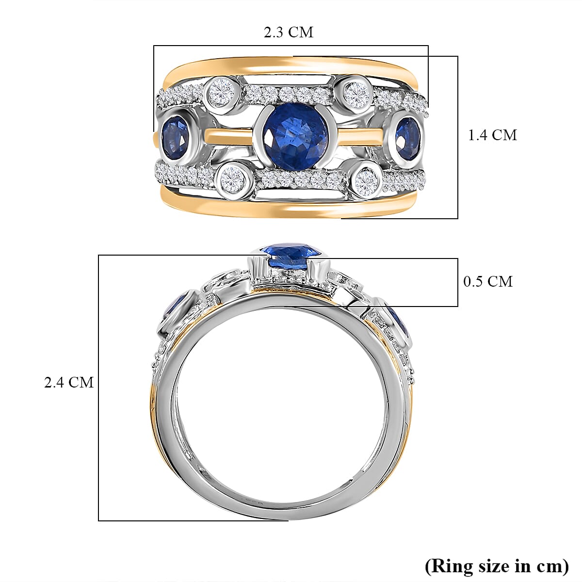 Natural Himalayan Kyanite & Natural Zircon Bubble Ring in Platinum & 18K Vermeil YG Plated Sterling Silver 1.70 Ct, Silver Wt 5.15 GM