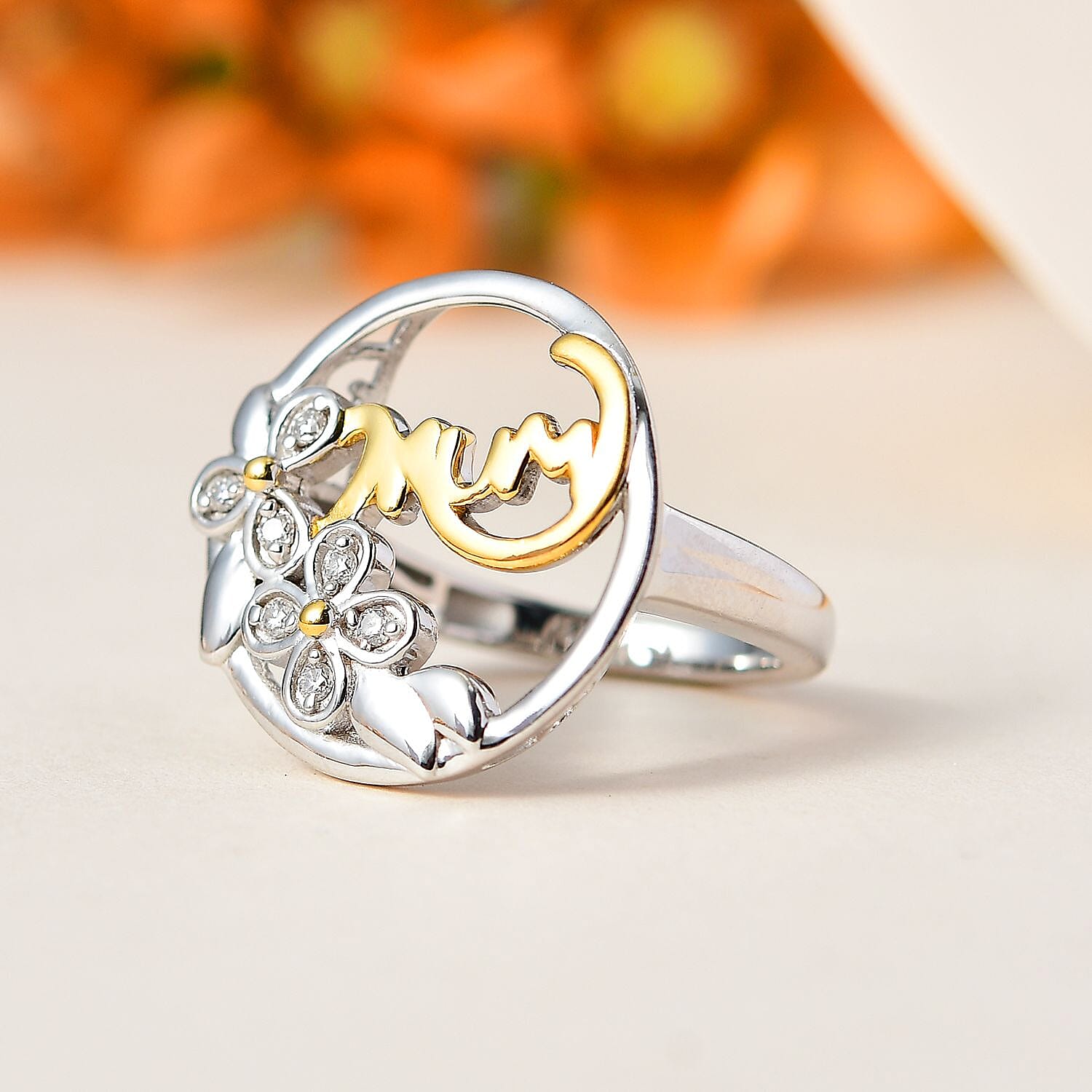 Moissanite MUM Ring in Platinum and 18K Vermeil Yellow Gold Plated Sterling Silver