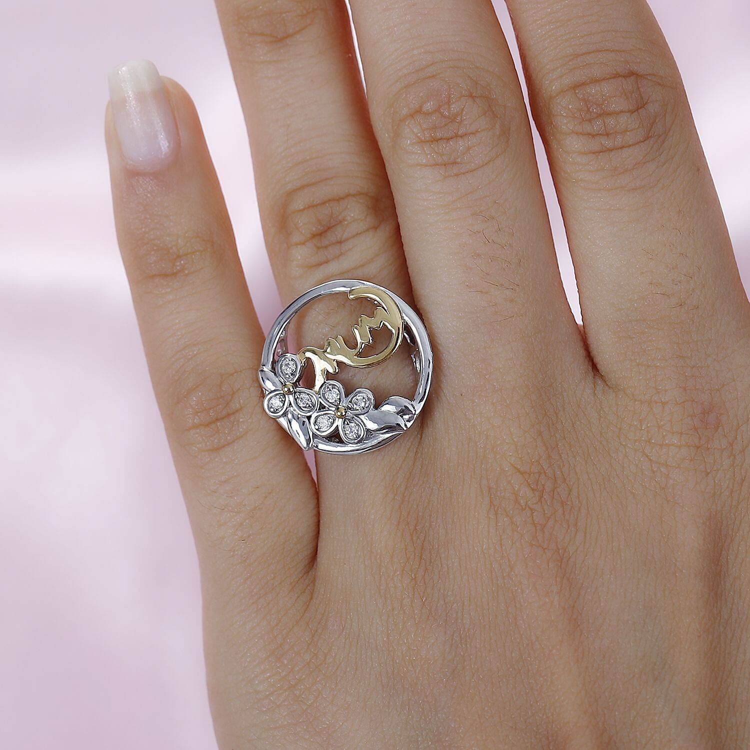 Moissanite MUM Ring in Platinum and 18K Vermeil Yellow Gold Plated Sterling Silver