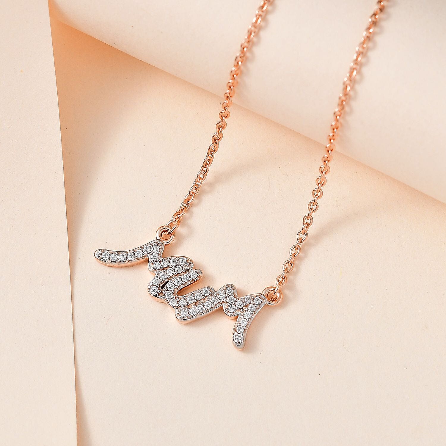 Moissanite MUM Necklace (Size - 20) in 18K Vermeil Rose Gold Plated Sterling Silver