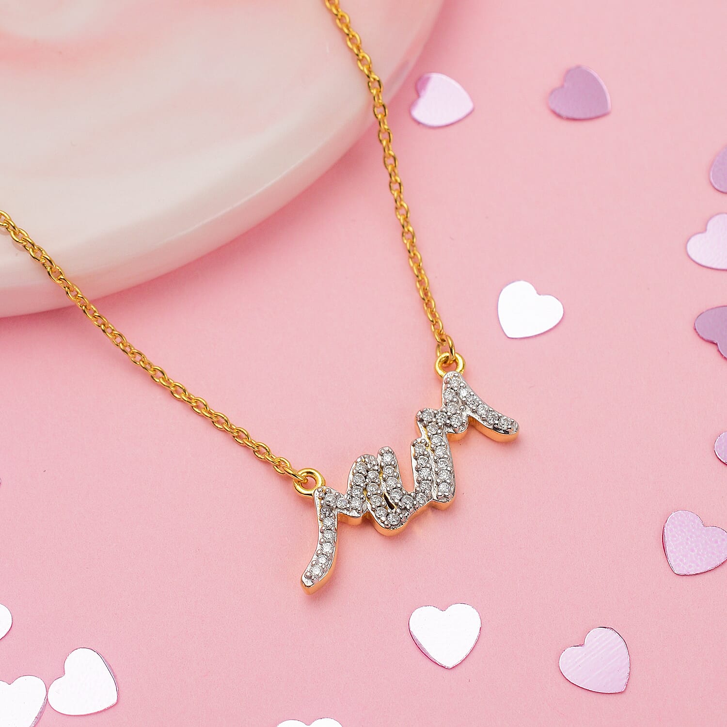 Moissanite MUM Necklace (Size - 20) in 18K Vermeil Yellow Gold Plated Sterling Silver