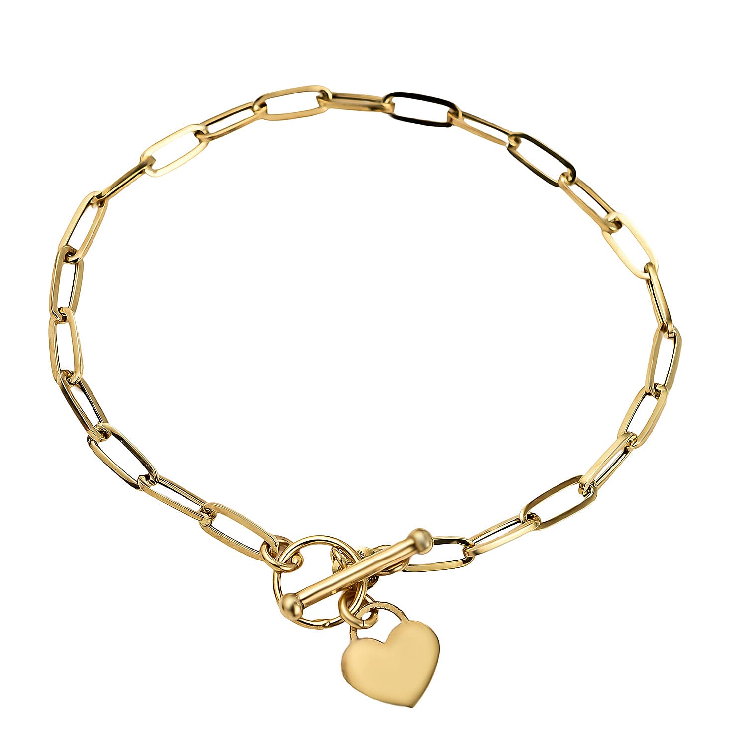 Maestro Collection - 9K Yellow Gold Paperclip Heart Bracelet (Size - 7.5) with T-Bar Clasp