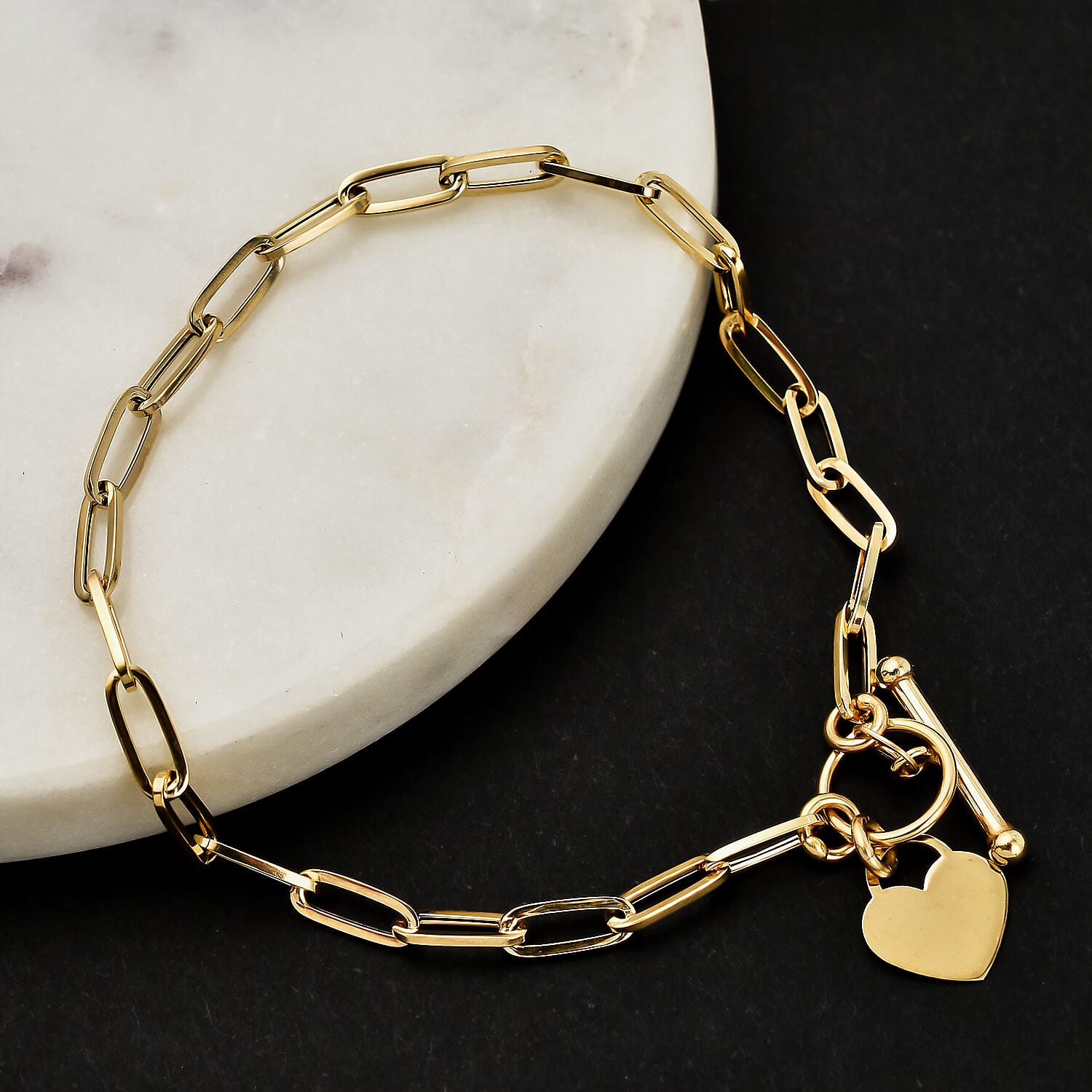 Maestro Collection - 9K Yellow Gold Paperclip Heart Bracelet (Size - 7.5) with T-Bar Clasp