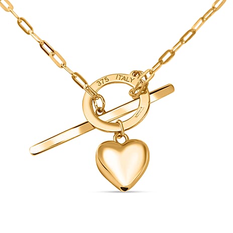 Maestro Collection- 9K Yellow Gold Heart Pendant Necklace (Size - 18) with T-Bar Clasp