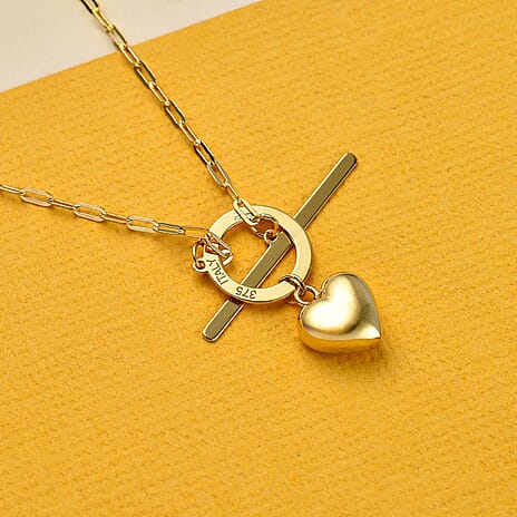 Maestro Collection- 9K Yellow Gold Heart Pendant Necklace (Size - 18) with T-Bar Clasp