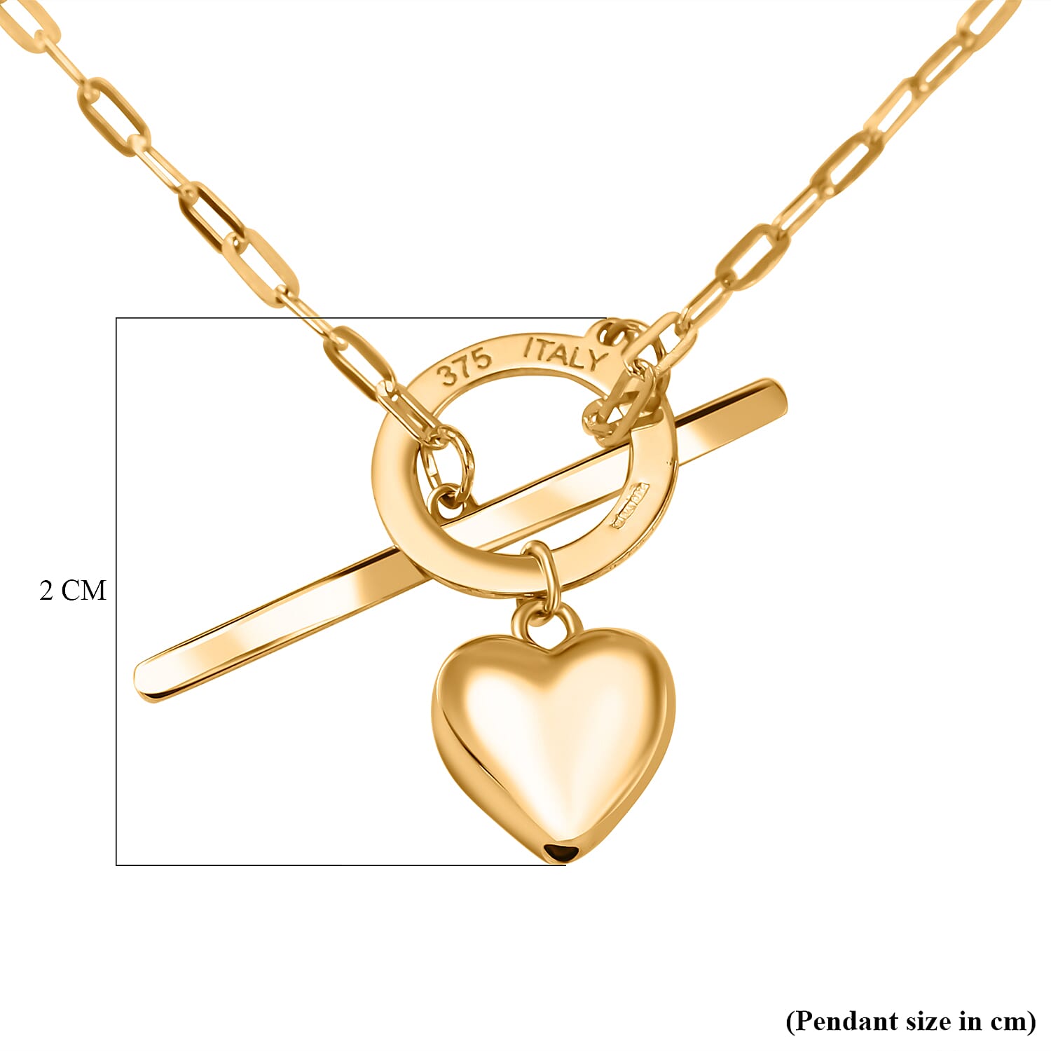 Maestro Collection - 9K Yellow Gold Heart Pendant Necklace (Size - 18) with T-Bar Clasp Maestro Collection - 9K Yellow Gold Heart Pendant Necklace (Size - 18) with T-Bar Clasp