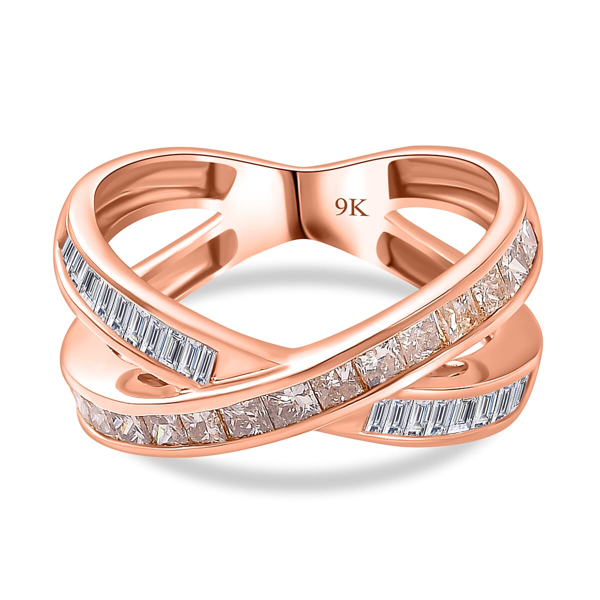 Designer Inspired- -9K Rose Gold Natural Champagne & White Diamond Crossover Ring 1.00 Ct.