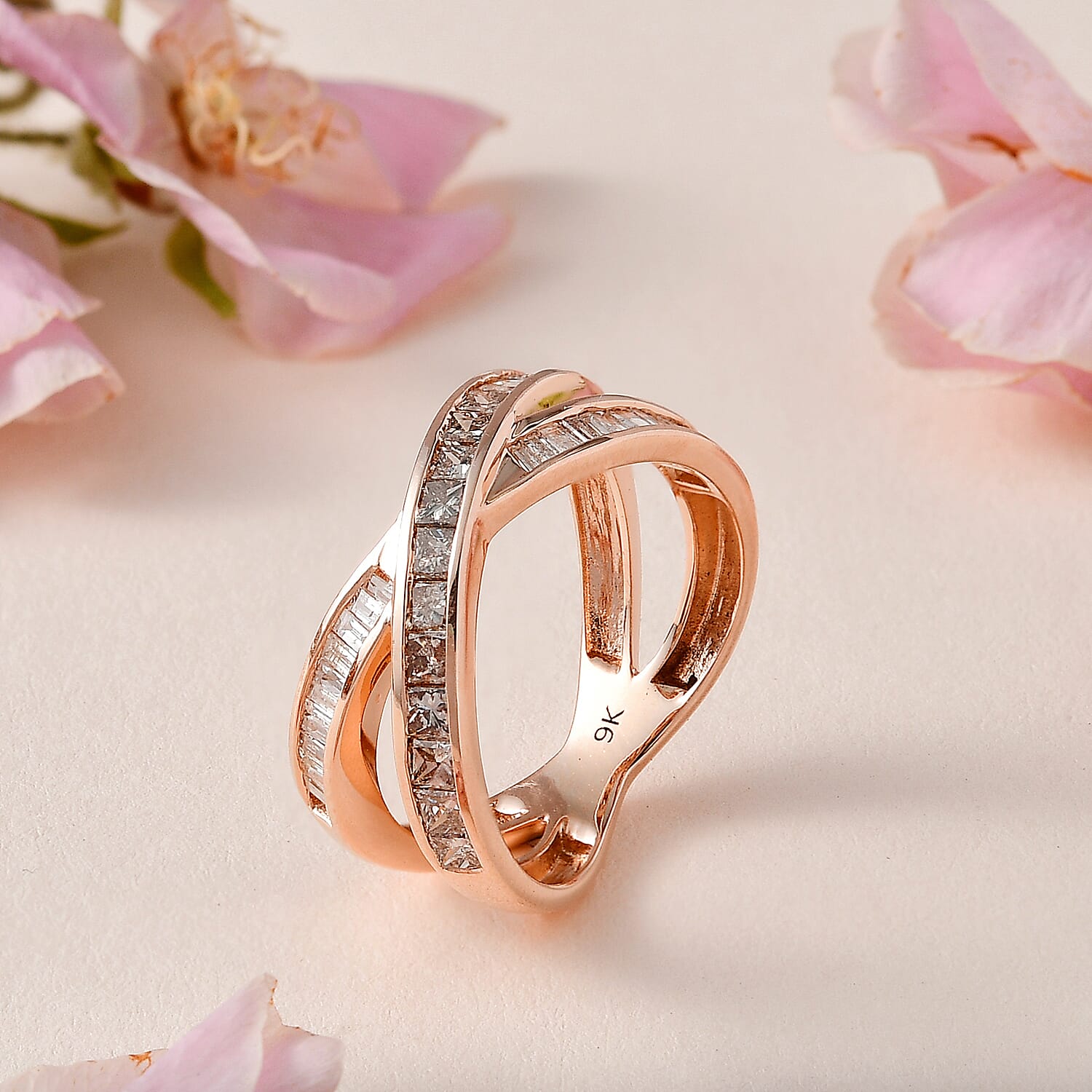 Designer Inspired- -9K Rose Gold Natural Champagne & White Diamond Crossover Ring 1.00 Ct.