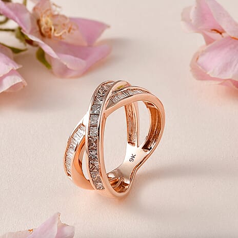Designer Inspired - 9K Rose Gold Natural Champagne & White Diamond Crossover Ring 1.00 Ct.