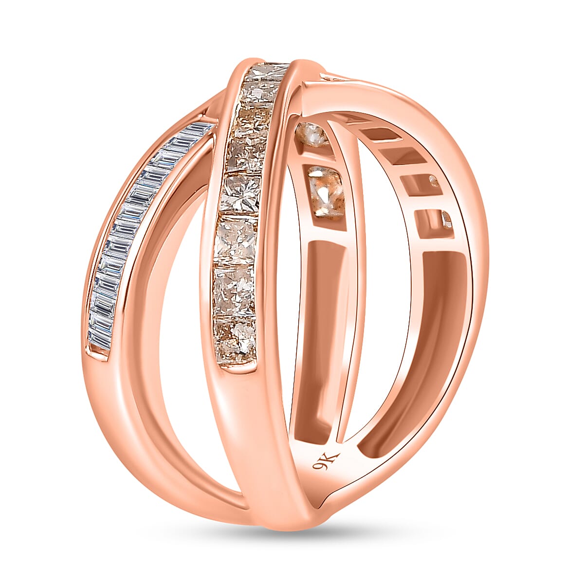Designer Inspired- -9K Rose Gold Natural Champagne & White Diamond Crossover Ring 1.00 Ct.