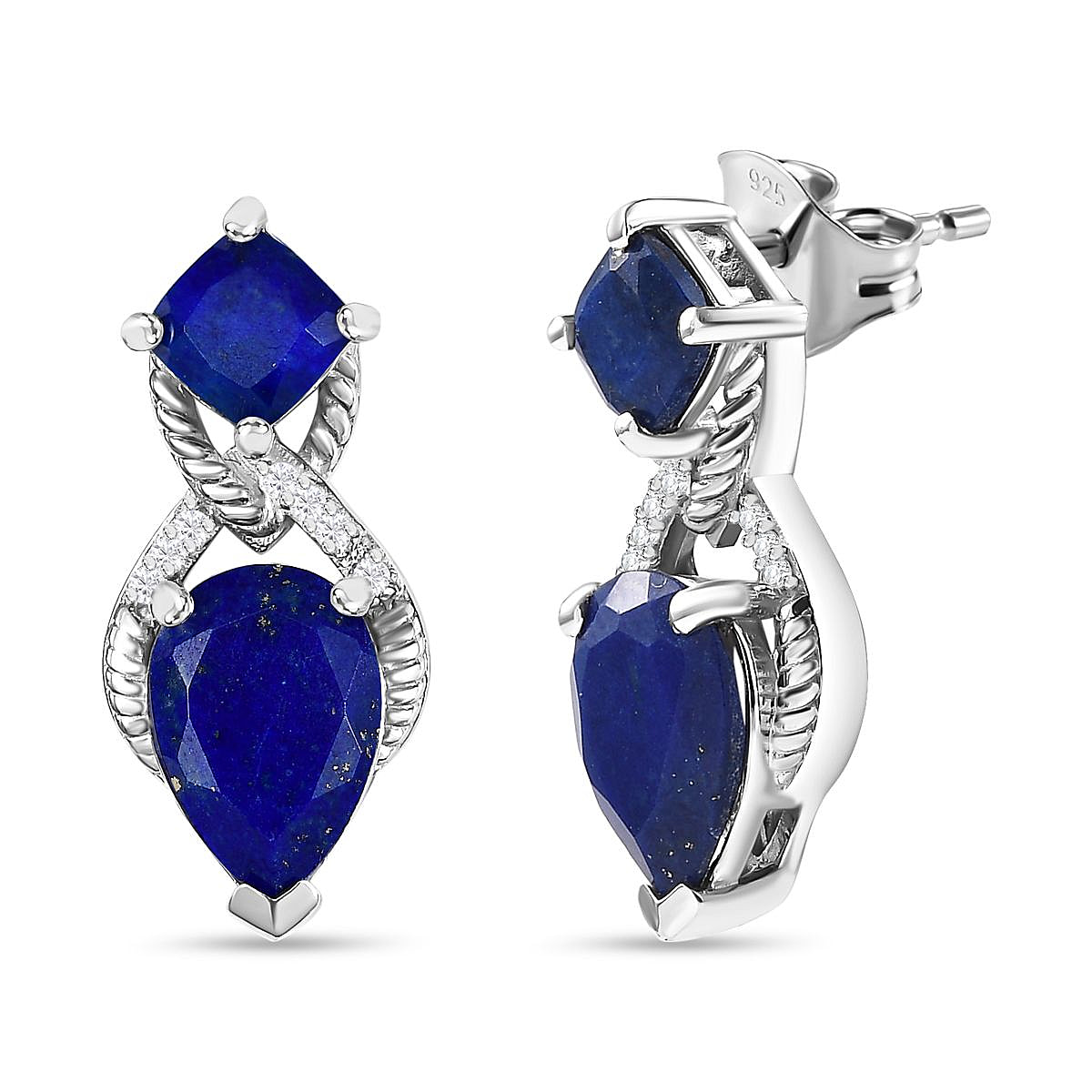 Lapis Lazuli & Natural Zircon Dangle Earrings in Platinum Overlay Sterling Silver 5.40 Ct