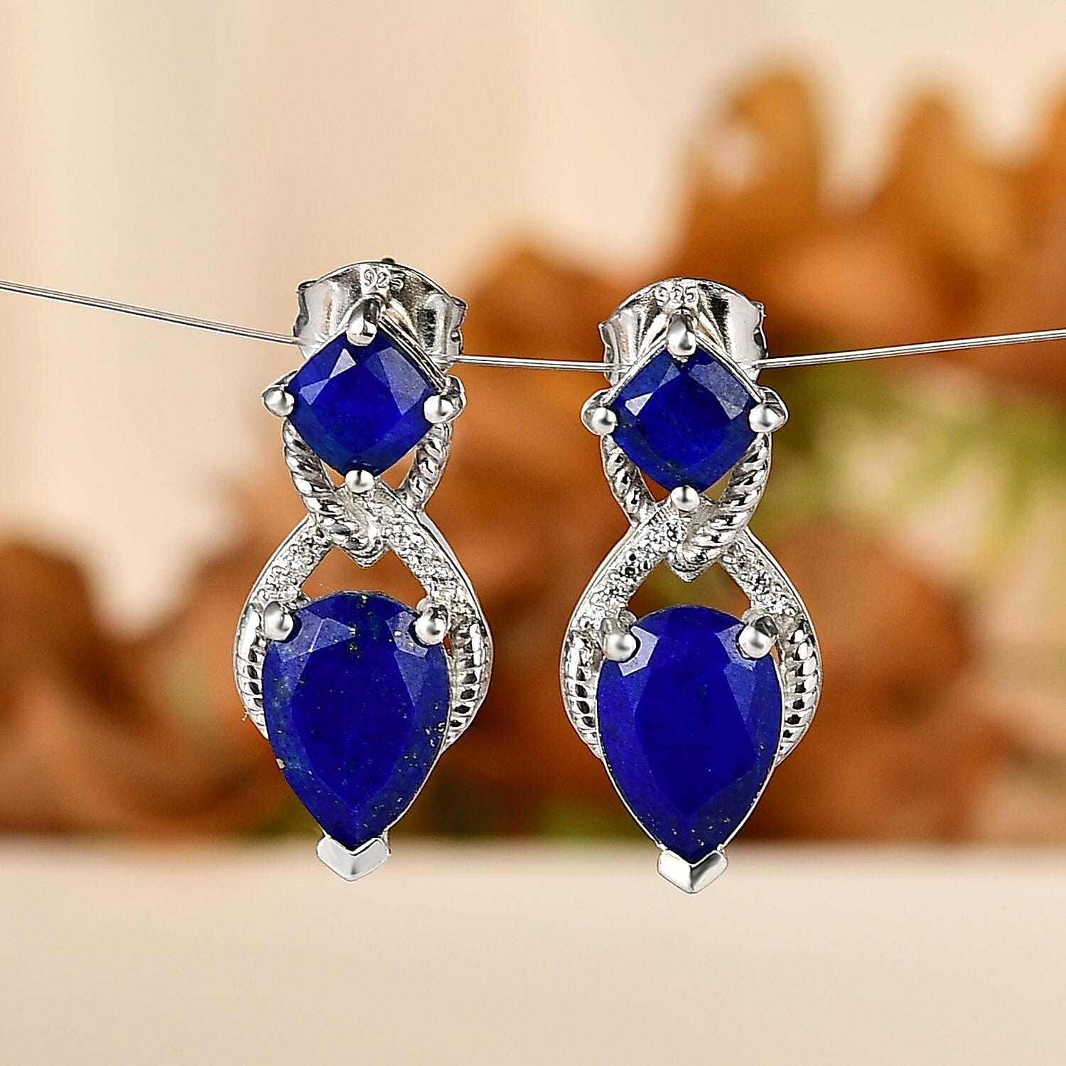 Lapis Lazuli & Natural Zircon Dangle Earrings in Platinum Overlay Sterling Silver 5.40 Ct