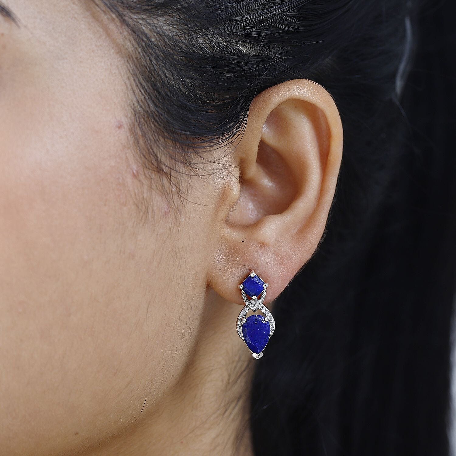 Lapis Lazuli & Natural Zircon Dangle Earrings in Platinum Overlay Sterling Silver 5.40 Ct