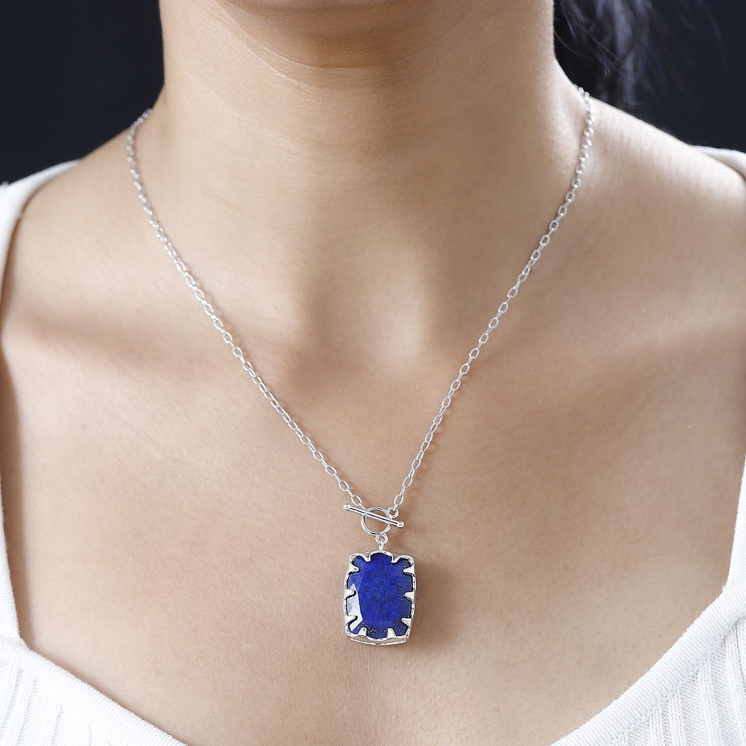 Lapis Lazuli Solitaire Necklace (Size - 20) with T-Bar Clasp in Platinum Overlay Sterling Silver 15.91 Ct, Silver Wt. 6.60 Gms