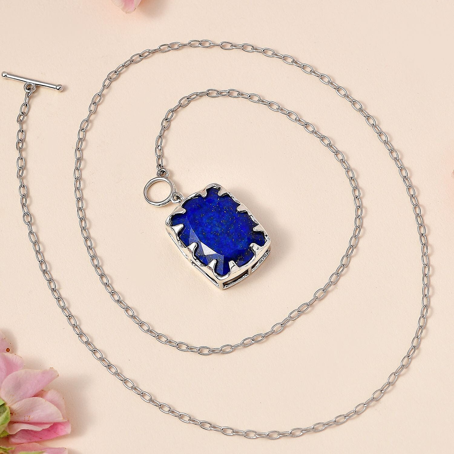 Lapis Lazuli Solitaire Necklace (Size - 20) with T-Bar Clasp in Platinum Overlay Sterling Silver 15.91 Ct, Silver Wt. 6.60 Gms