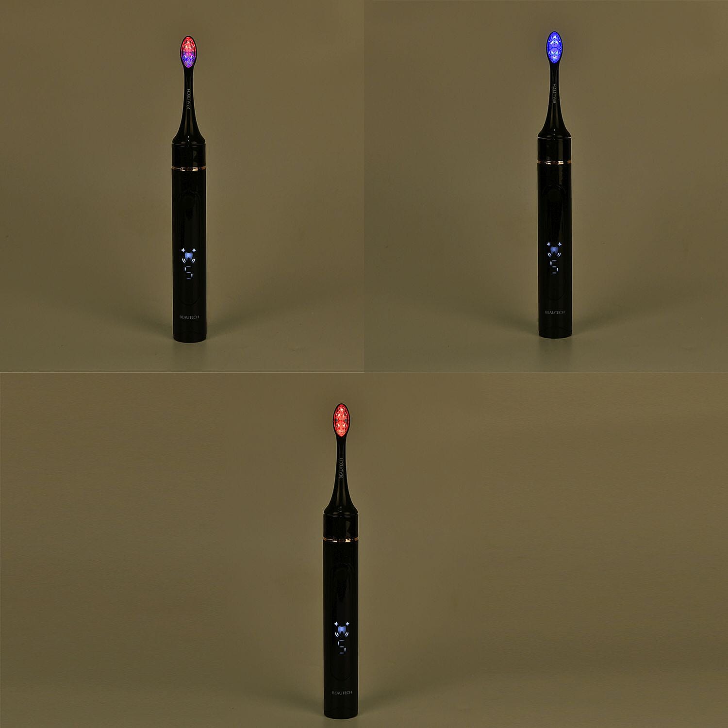 Beautech Sonic LED Toothbrush WIth Regular Head, Red LED Head, Blue LED Head & Red-Blue Head With 5 Modes & Smart Timer - Black