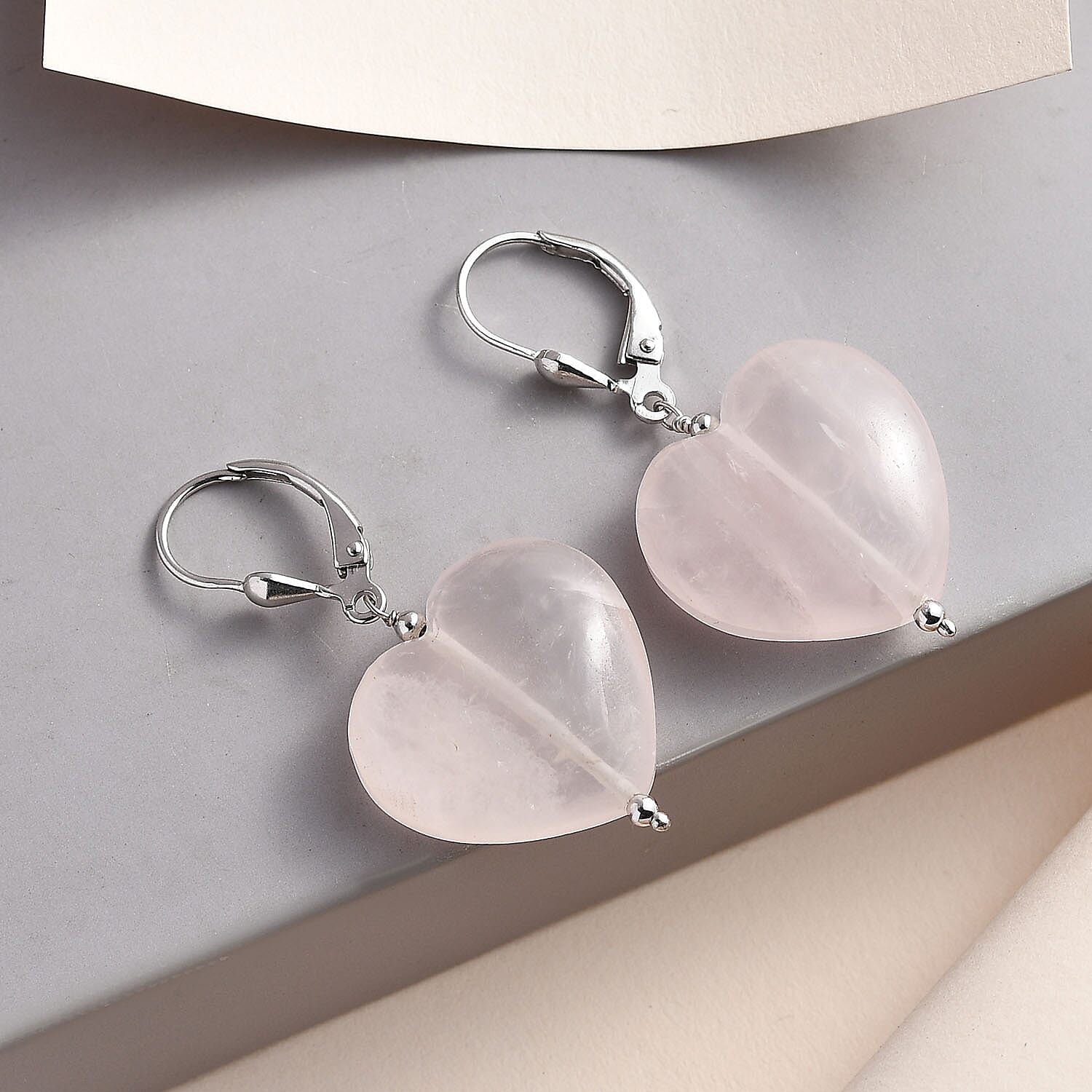 Rose Quartz  Earring in Rhodium Overlay Sterling Silver 43.00 ct  43.000  Ct.