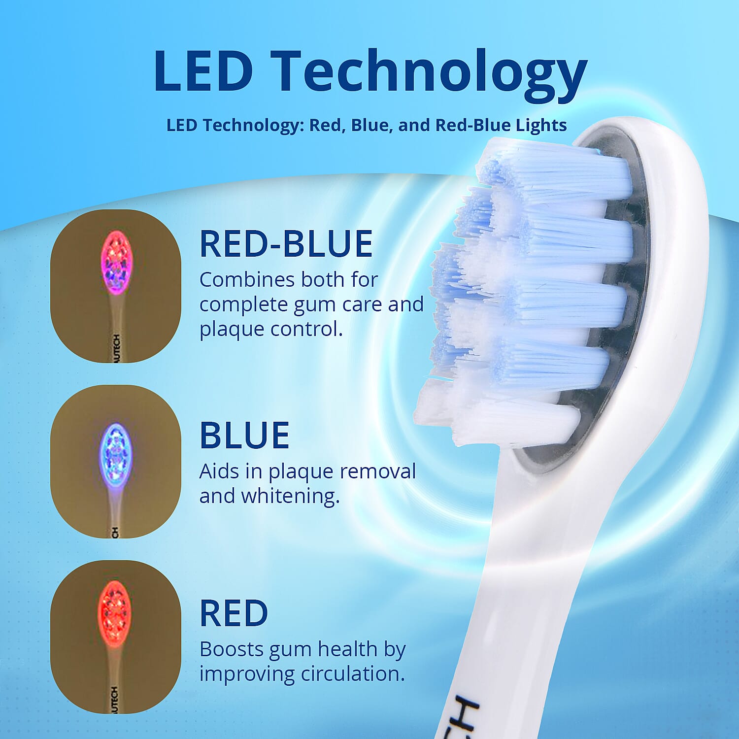 Beautech Sonic LED Toothbrush WIth Regular Head, Red LED Head, Blue LED Head & Red-Blue Head With 5 Modes & Smart Timer - White