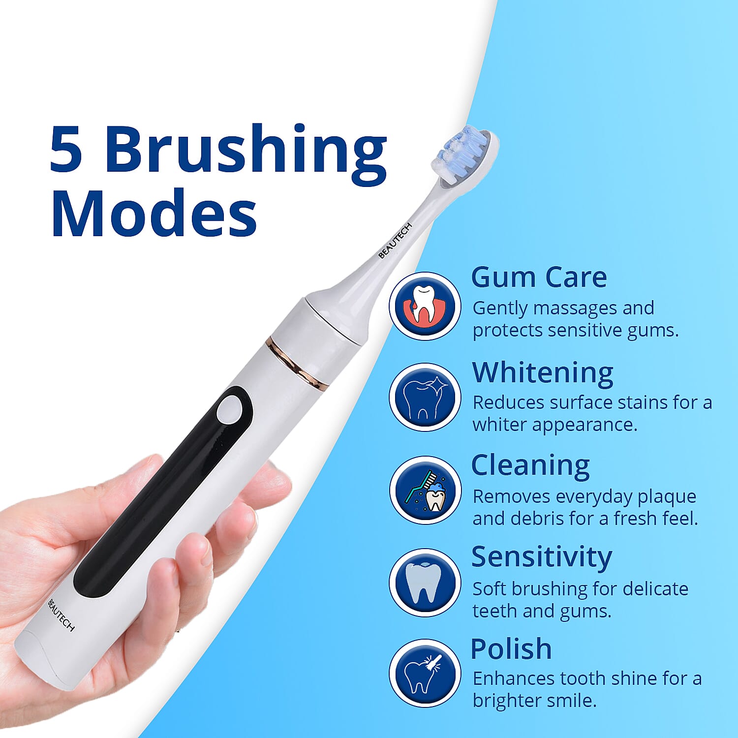 Beautech Sonic LED Toothbrush WIth Regular Head, Red LED Head, Blue LED Head & Red-Blue Head With 5 Modes & Smart Timer - White
