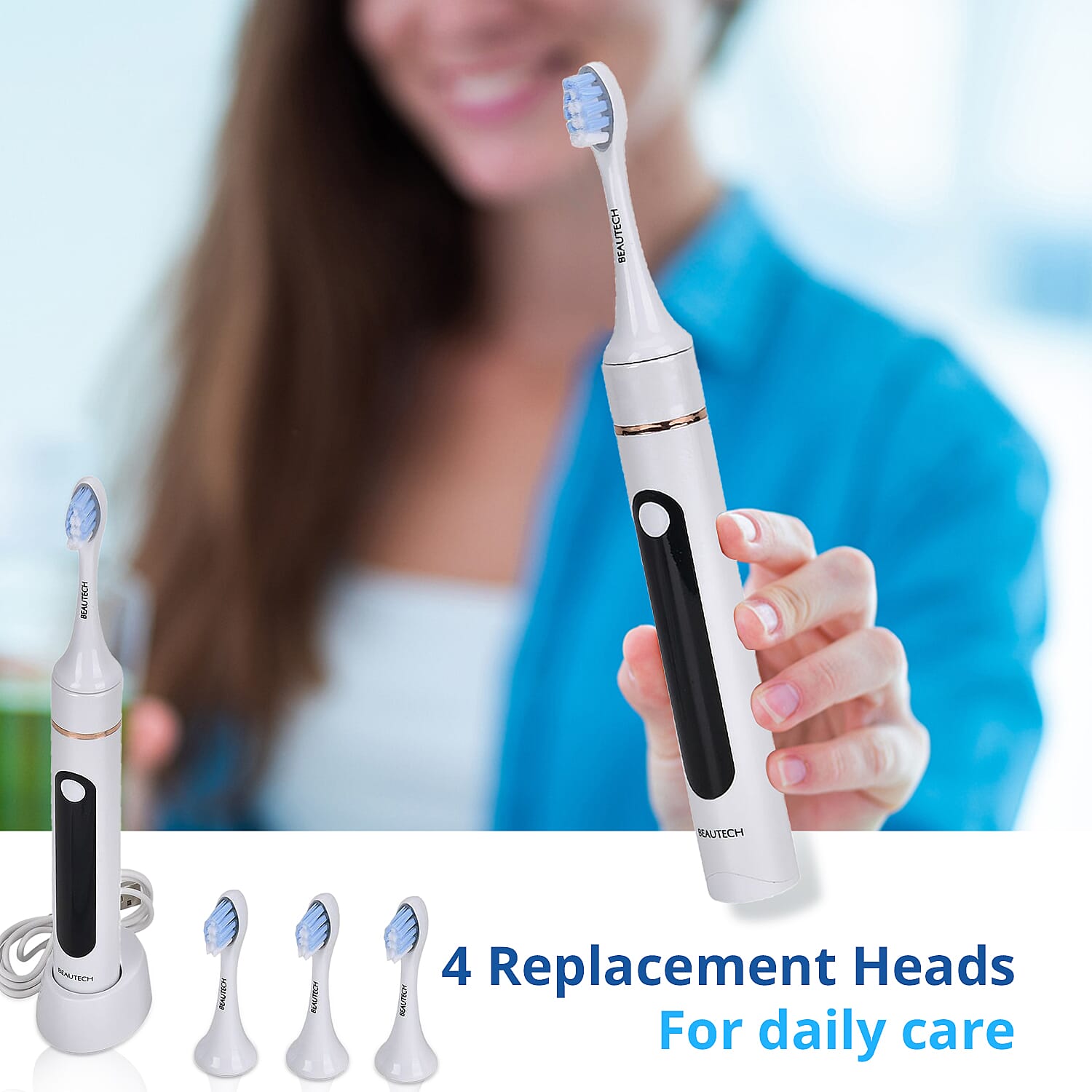 Beautech Sonic LED Toothbrush WIth Regular Head, Red LED Head, Blue LED Head & Red-Blue Head With 5 Modes & Smart Timer - White