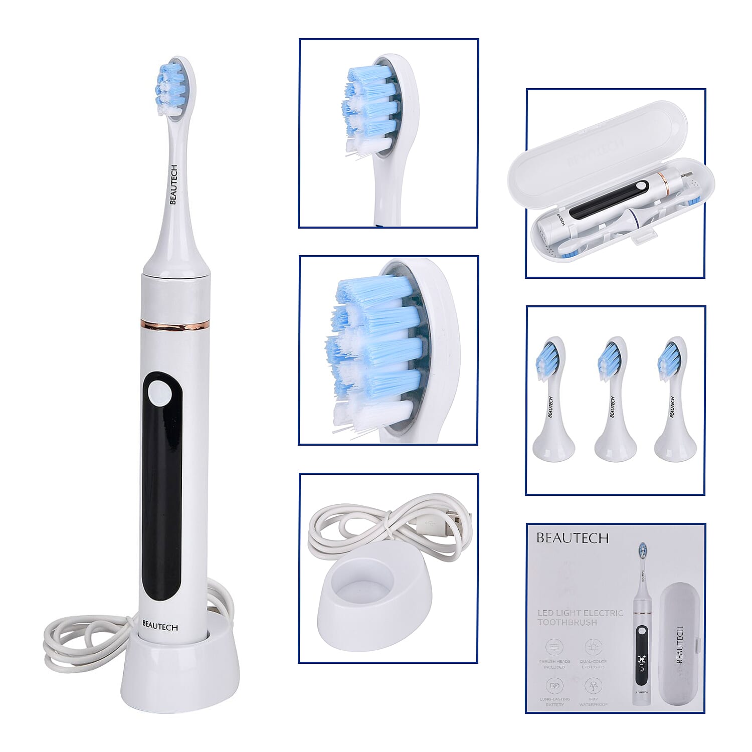 Beautech Sonic LED Toothbrush WIth Regular Head, Red LED Head, Blue LED Head & Red-Blue Head With 5 Modes & Smart Timer - White