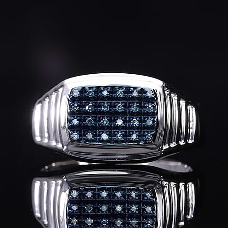 Blue Diamond Signet Ring in Platinum Overlay Sterling Silver