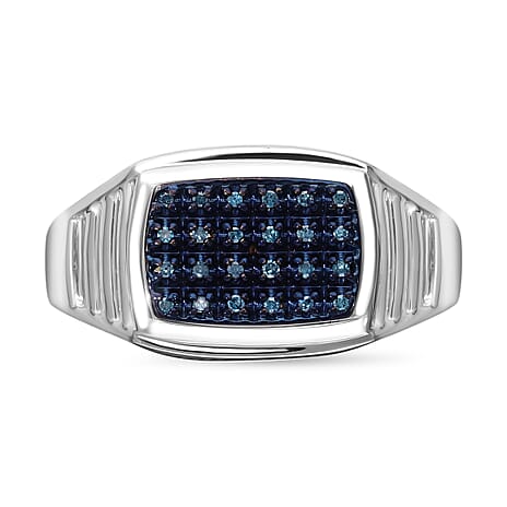 Blue Diamond Signet Ring in Platinum Overlay Sterling Silver