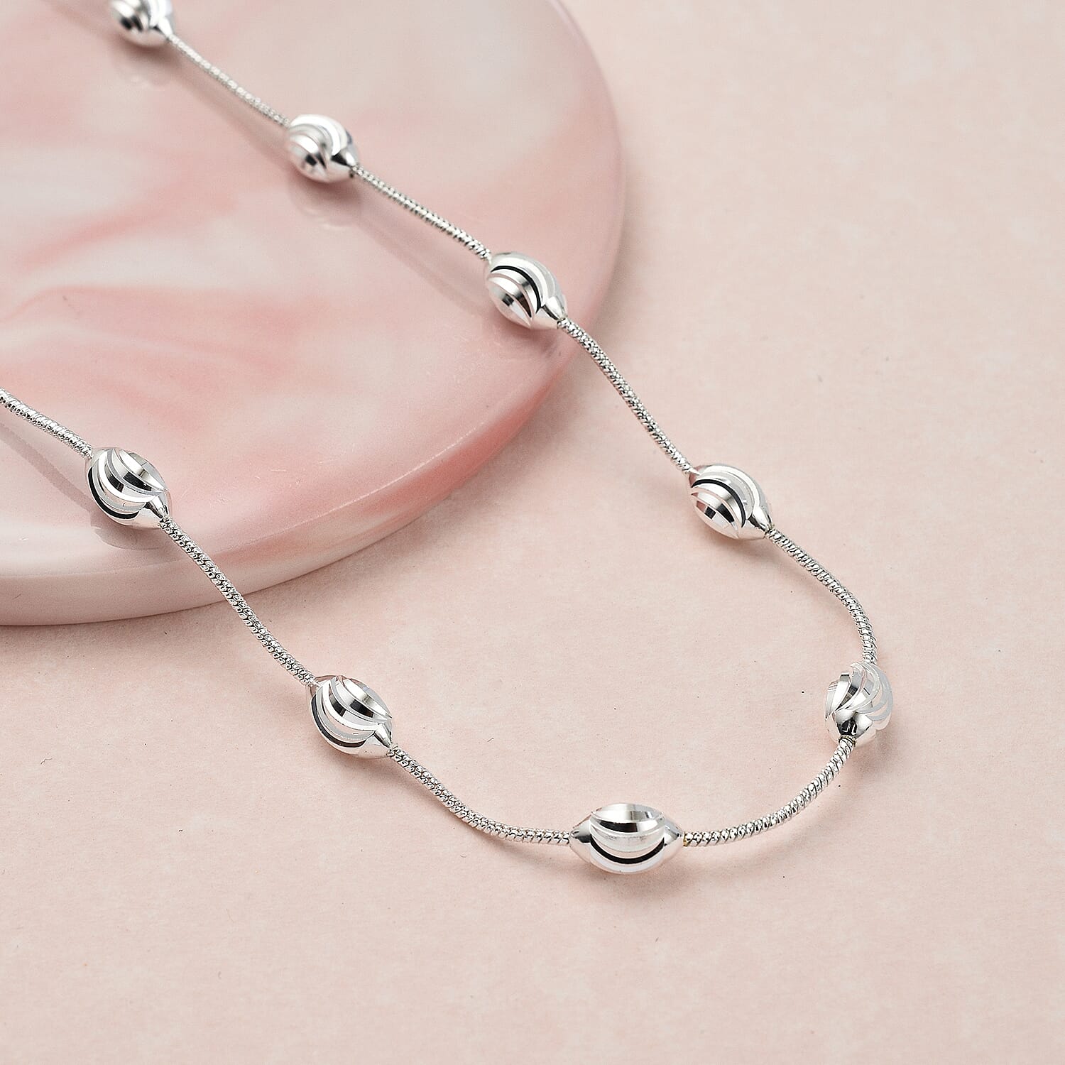 Italian Made-Sterling Silver Station Oval Moon Necklace (Size - 24)