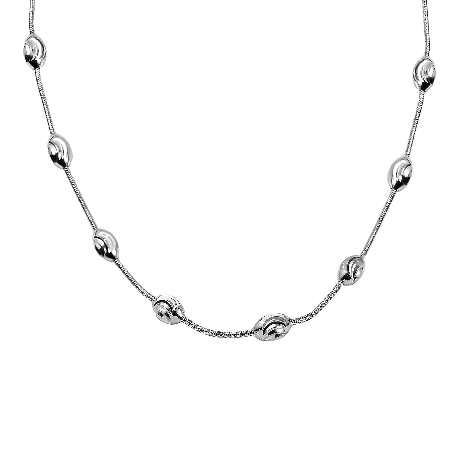 Italian Made-Sterling Silver Station Oval Moon Necklace (Size - 24)