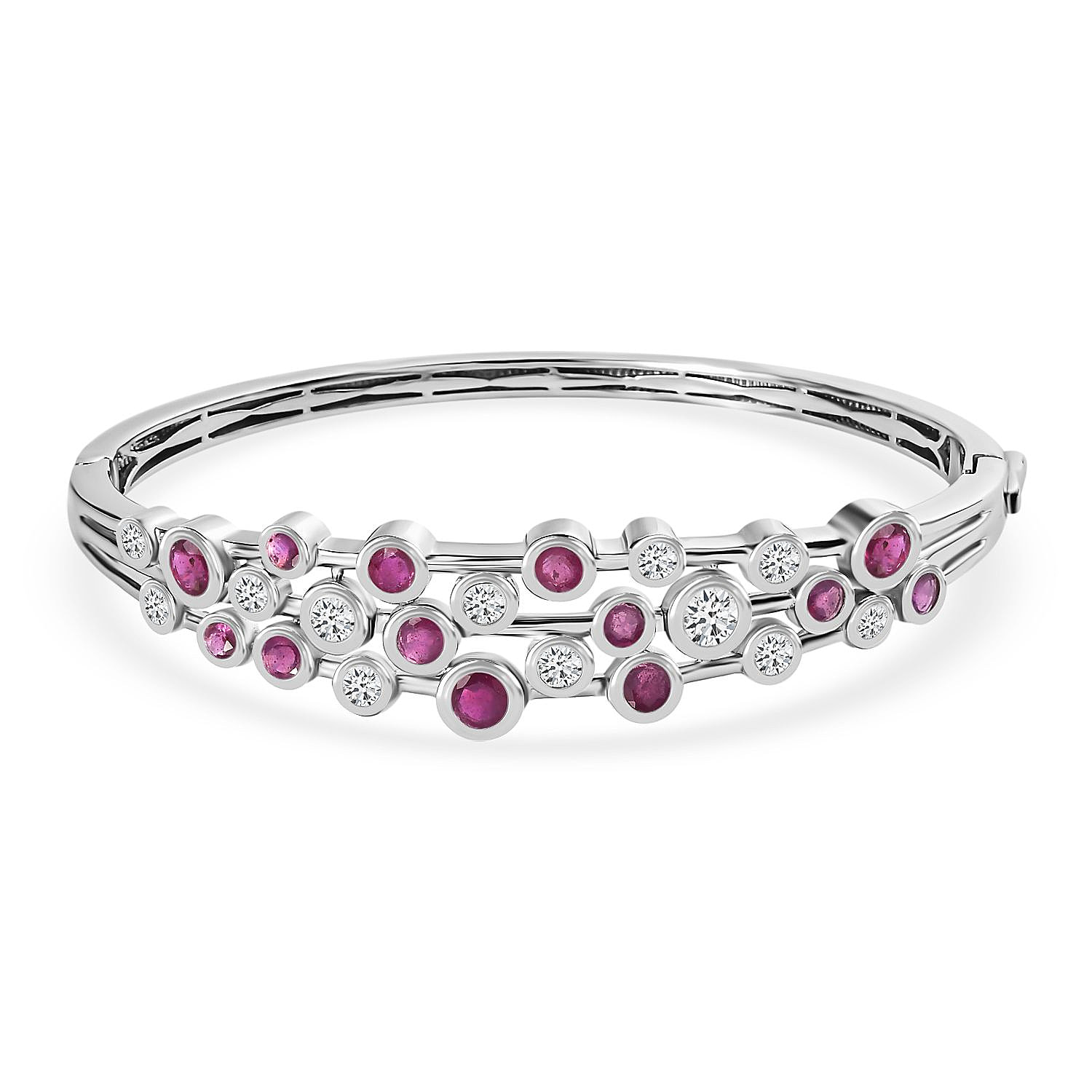 African Ruby & Moissanite Bangle (Size 7.5) in Platinum Overlay Sterling Silver 7.40 Ct, Silver Wt. 21.45 Gms