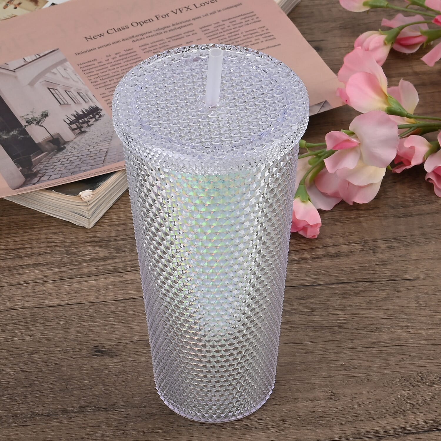 Double Wall Creative Water Tumbler with Silica Gel Straws 600ml - White