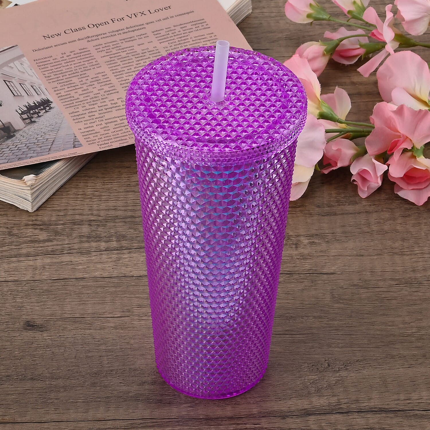 Double Wall Creative Water Tumbler with Silica Gel Straws 600ml - Purple